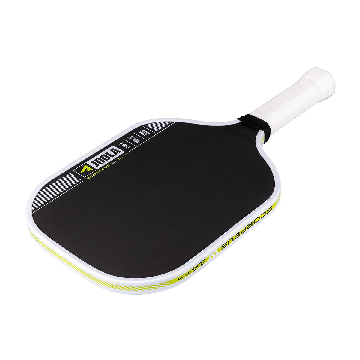 Black JOOLA Scorpeus IV Pickleball bat with white edge and grip tape.