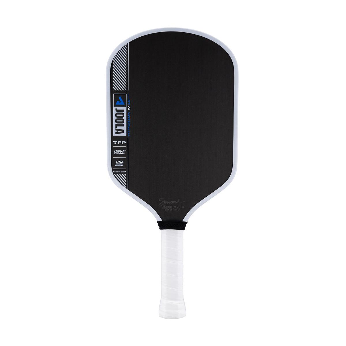Black Pickleball bat with white handle and blue accents, model JOOLA Hyperion V2.