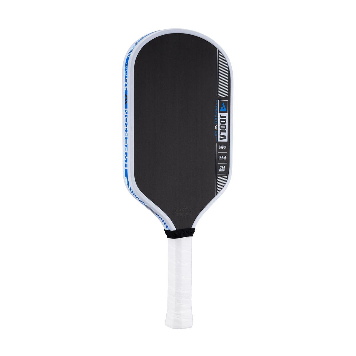 Black JOOLA Pickleball bat with white handle and blue accents.