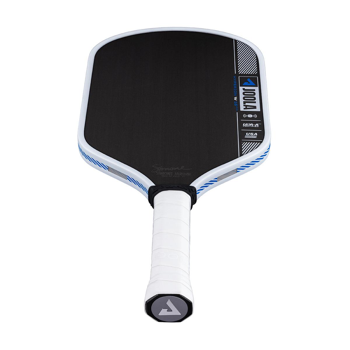 Pickleball bat JOOLA Hyperion IV 3.6, black-white with blue accent, white grip tape.