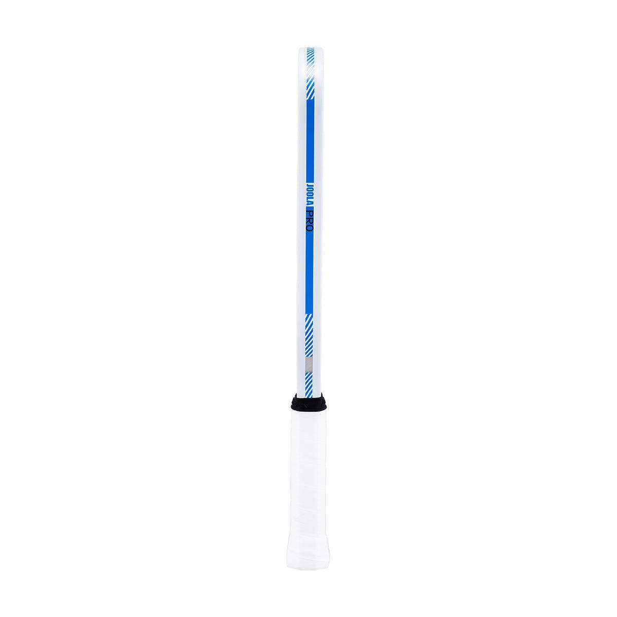 Side view of a white table tennis bat with blue "JOOLA PRO" lettering and white grip tape.