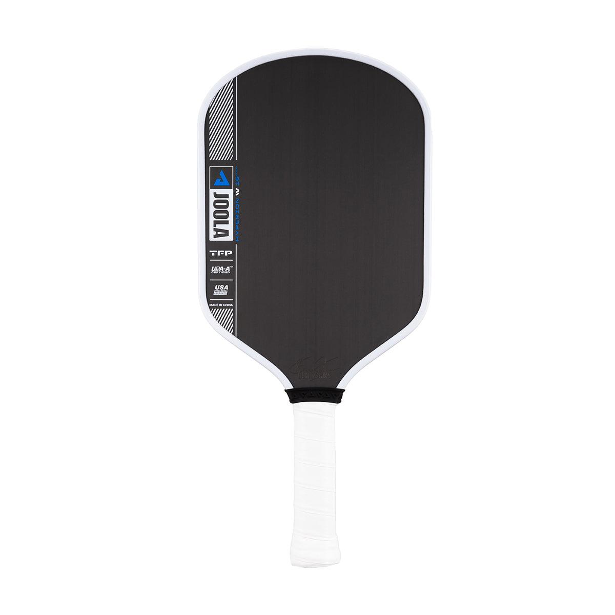 Black Pickleball bat with white handle and blue and white markings.