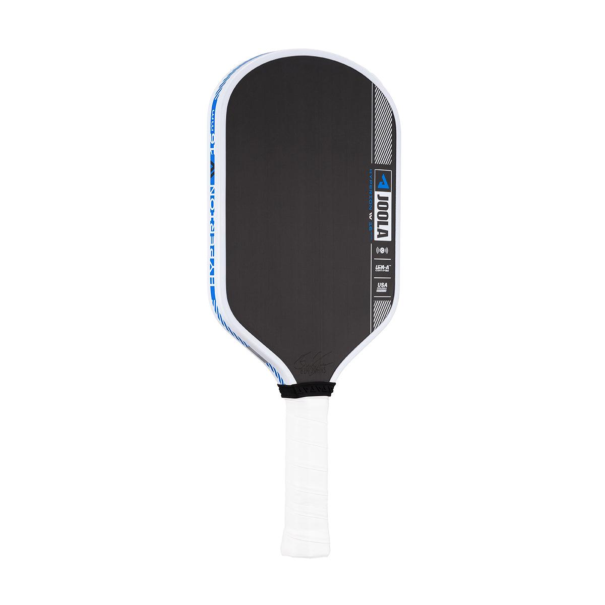 Pickleball bat with black hitting surface, white handle, and blue accents, brand JOOLA.