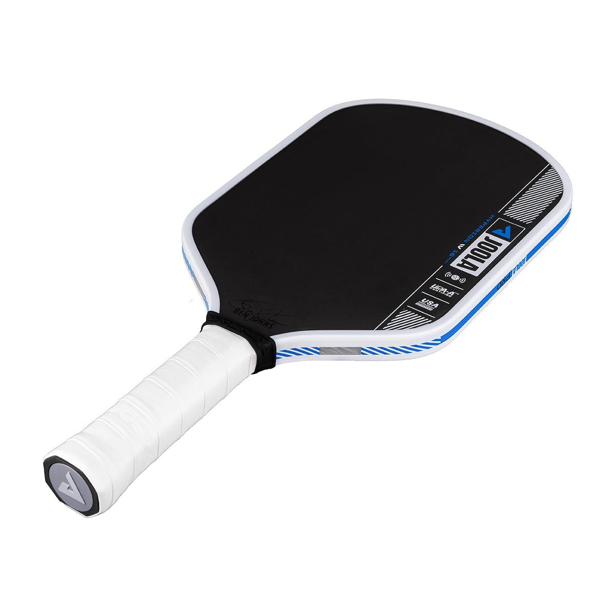 Pickleball bat with black hitting surface and white handle.