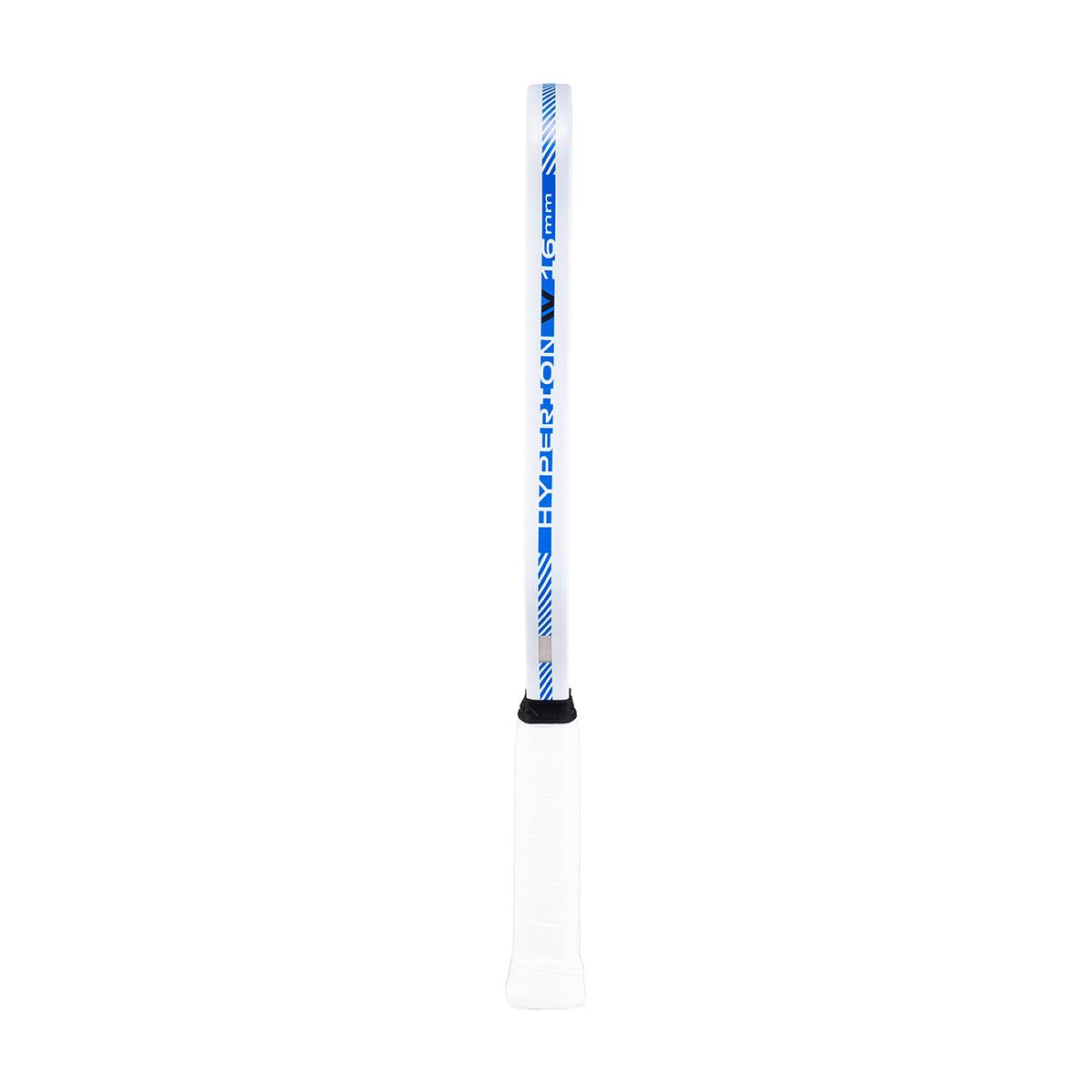 Side view of a white squash bat with blue lettering "EXPERT ONE 16 mm" and white handle.