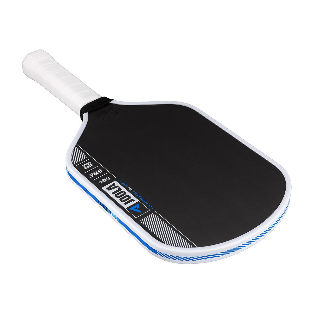 Black Pickleball bat with white handle and blue accents, brand JOOLA.