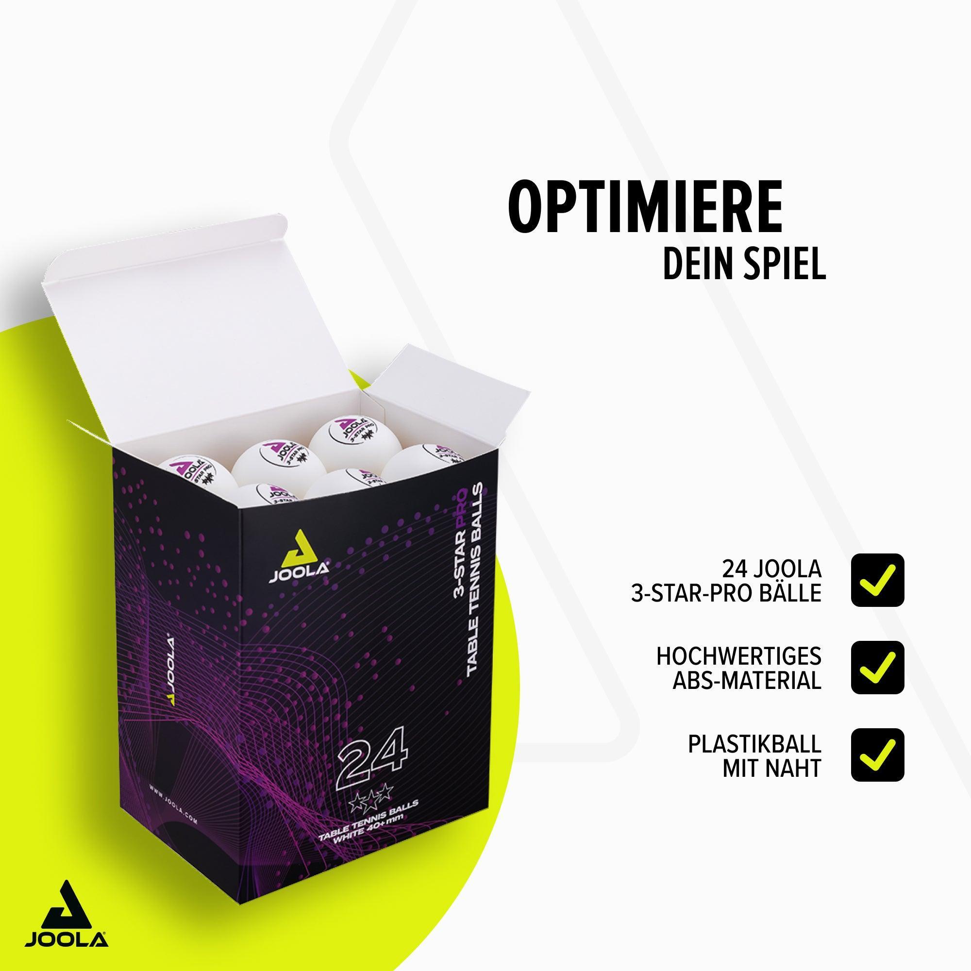 Open pack of 24 white JOOLA 3-Star-Pro table tennis balls made from high-quality ABS material.