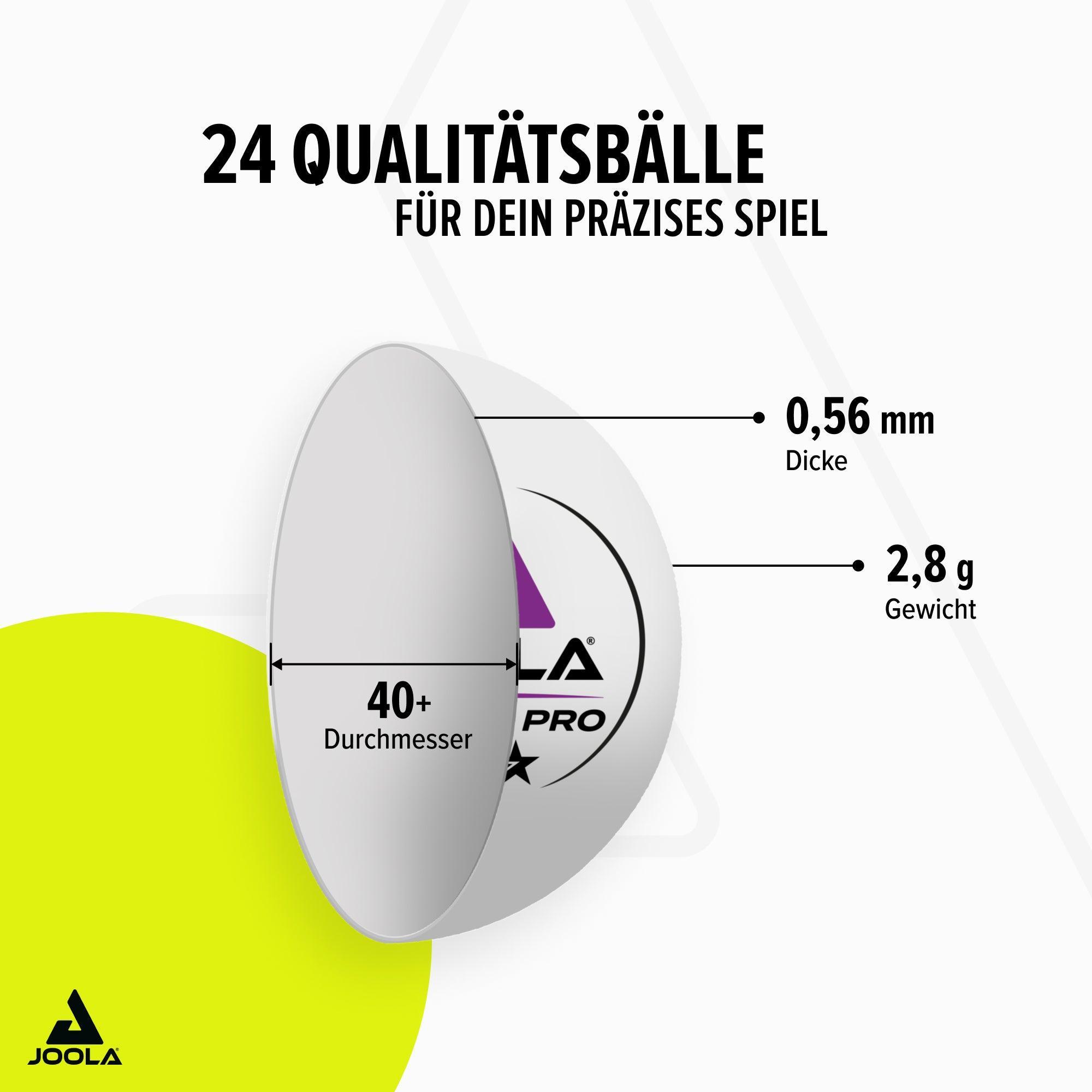 Graphic with two table tennis balls, showing dimensions 40+ mm diameter, 0.56 mm thickness, and 2.8 g weight, plus text "24 quality balls for your precise play".