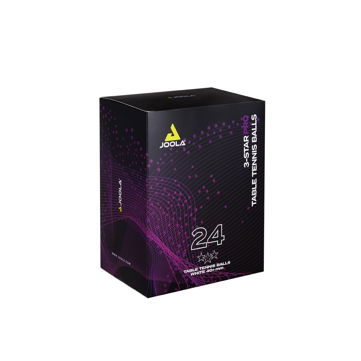 Black packaging with purple patterns, contains 24 JOOLA 3-Star Pro table tennis balls.