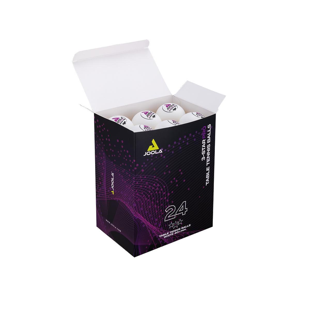 Open packaging with 24 white JOOLA 3-star table tennis balls.