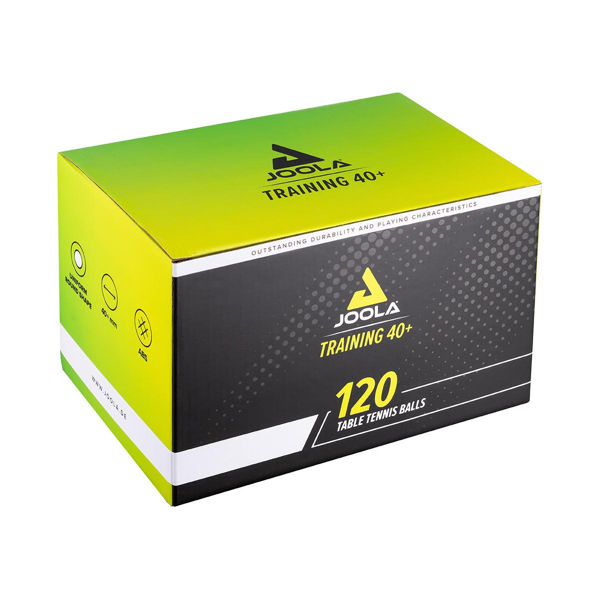 Cardboard box with 120 Joola Training 40+ table tennis balls, green-black.