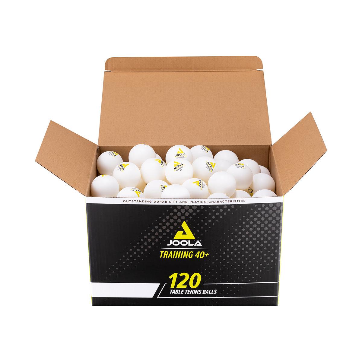 Open packaging with 120 white JOOLA Training 40+ table tennis balls.