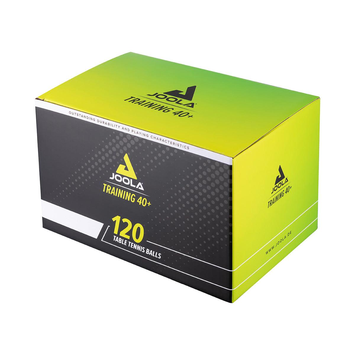 Cardboard box with 120 JOOLA Training 40+ table tennis balls, green-yellow and black.