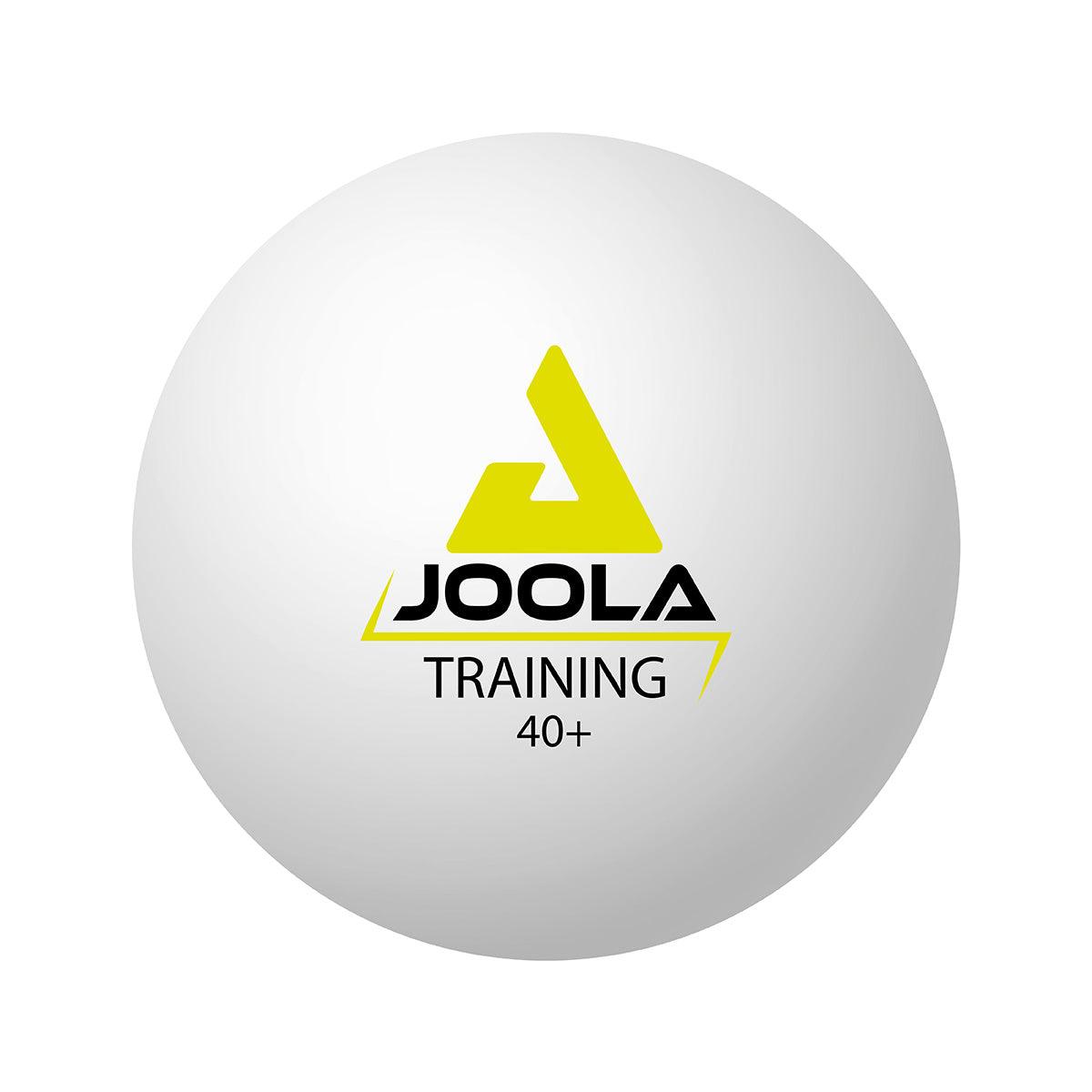 White JOOLA Training 40+ table tennis ball with yellow logo.