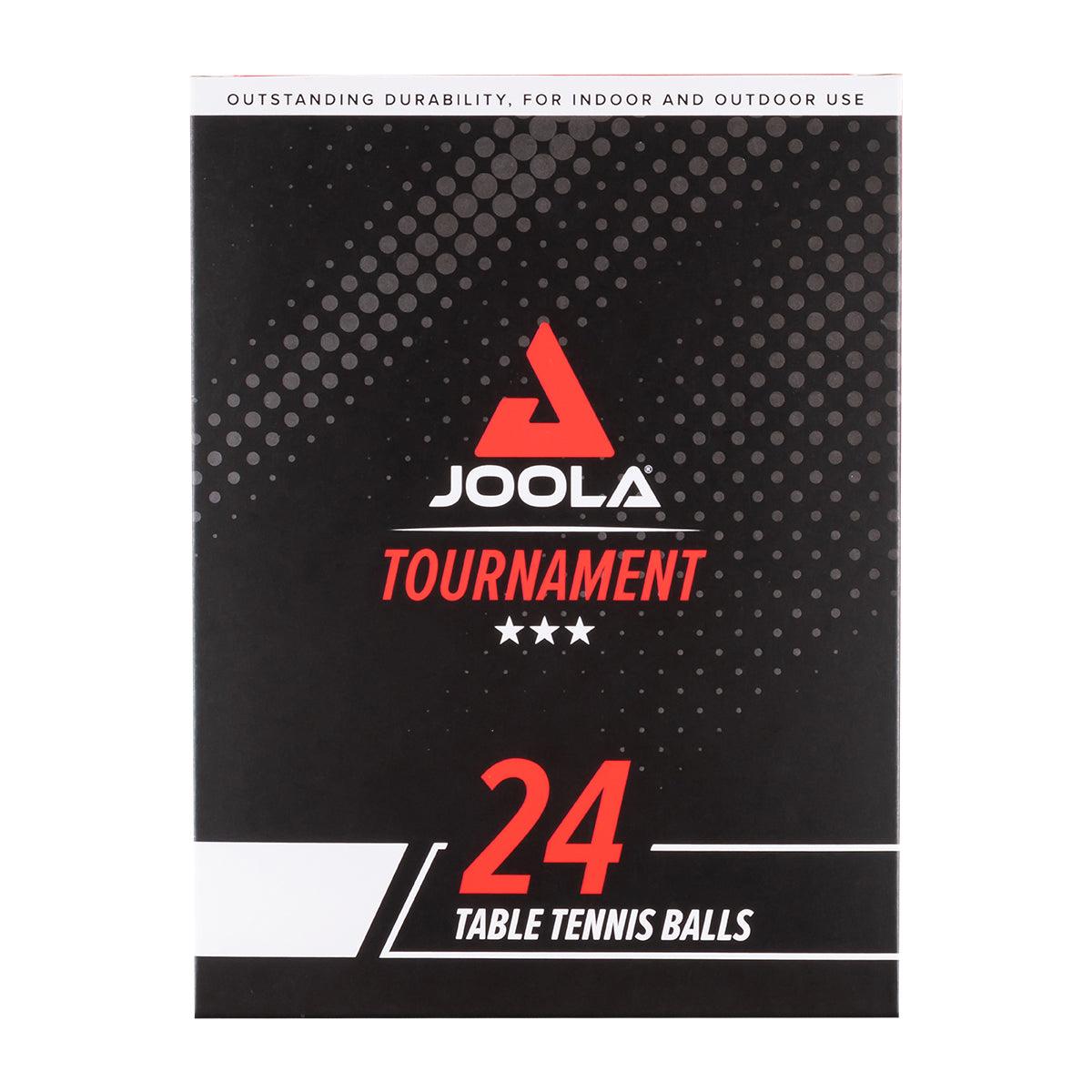 Black packaging with red JOOLA logo, text "TOURNAMENT" and "24 Table Tennis Balls".