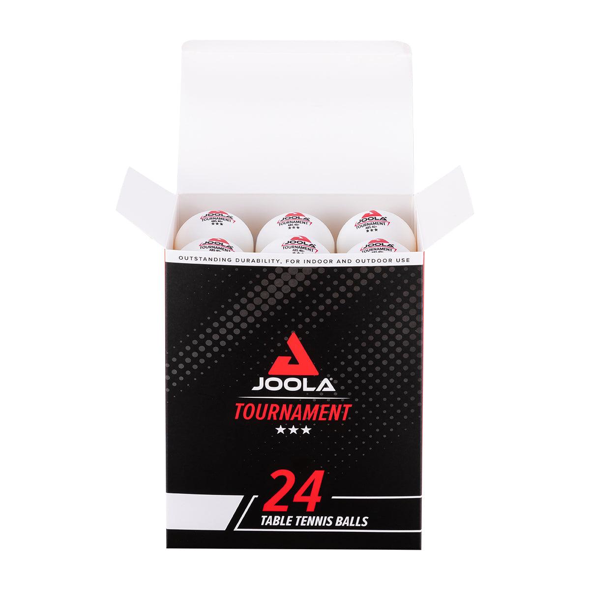 Open pack of 24 white JOOLA Tournament table tennis balls.