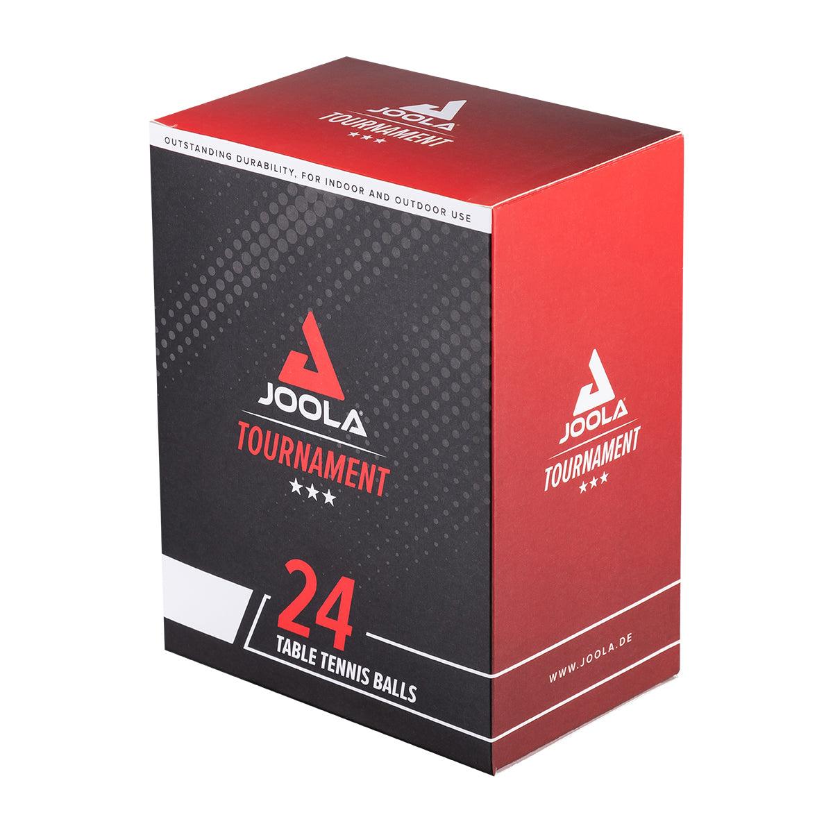 Pack of 24 JOOLA Tournament table tennis balls, black-red design.