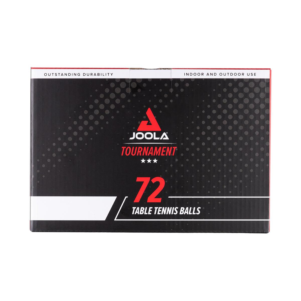 Black packaging with red and white lettering, contains 72 JOOLA Tournament table tennis balls.