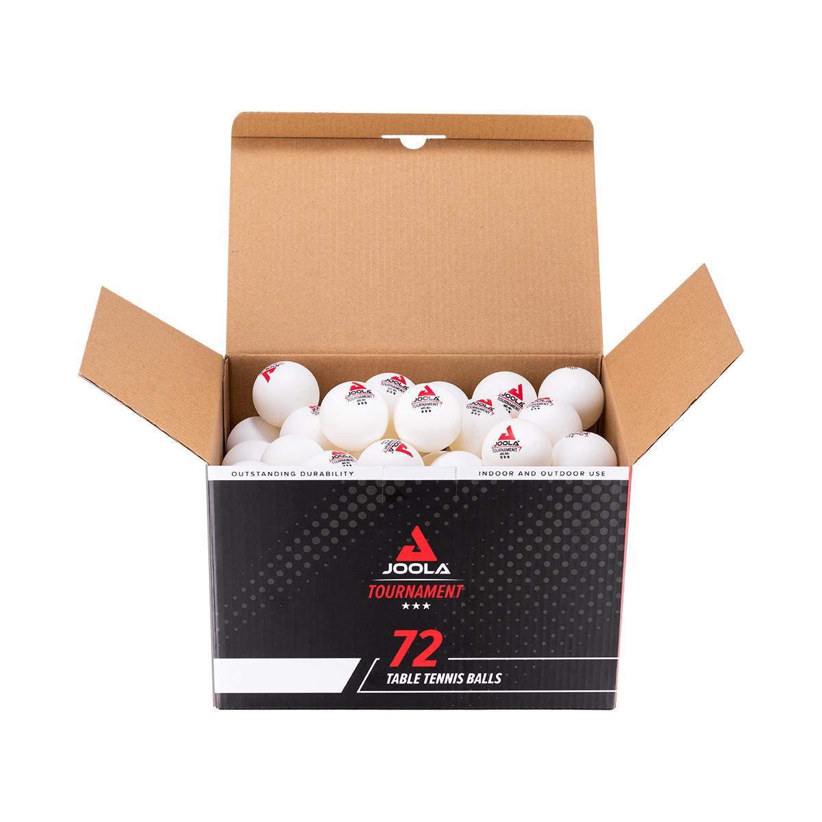Open cardboard box with 72 white JOOLA table tennis balls.