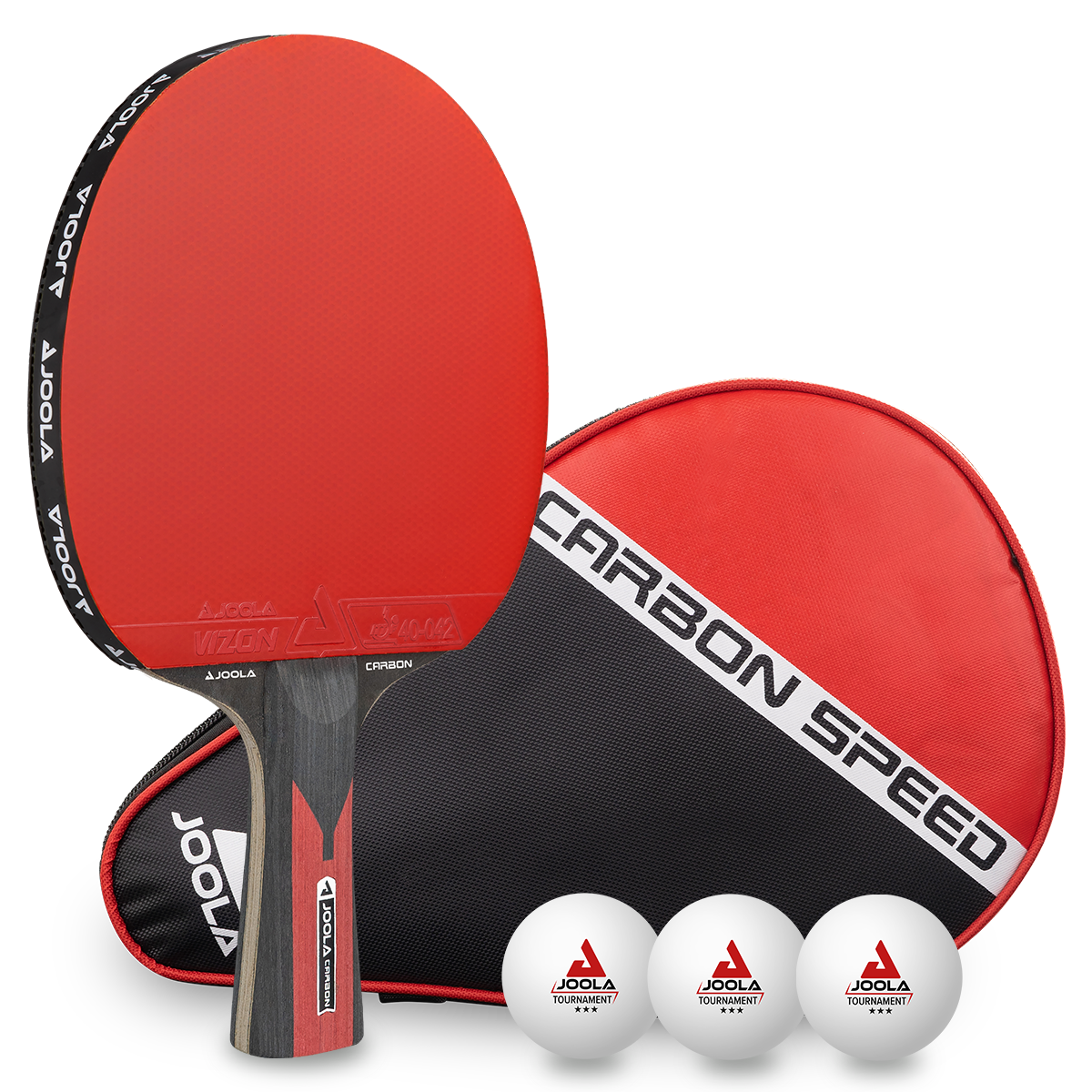 Table tennis bat set with red bat, case, and three white balls from JOOLA.