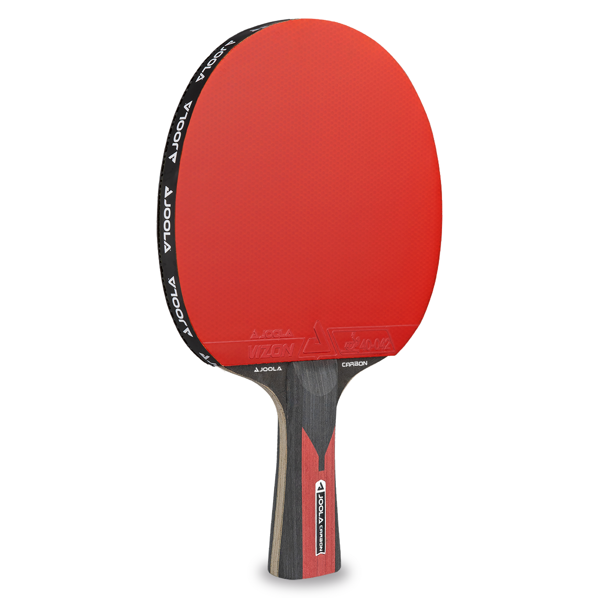Red table tennis bat with JOOLA logo and black handle, shown frontally.