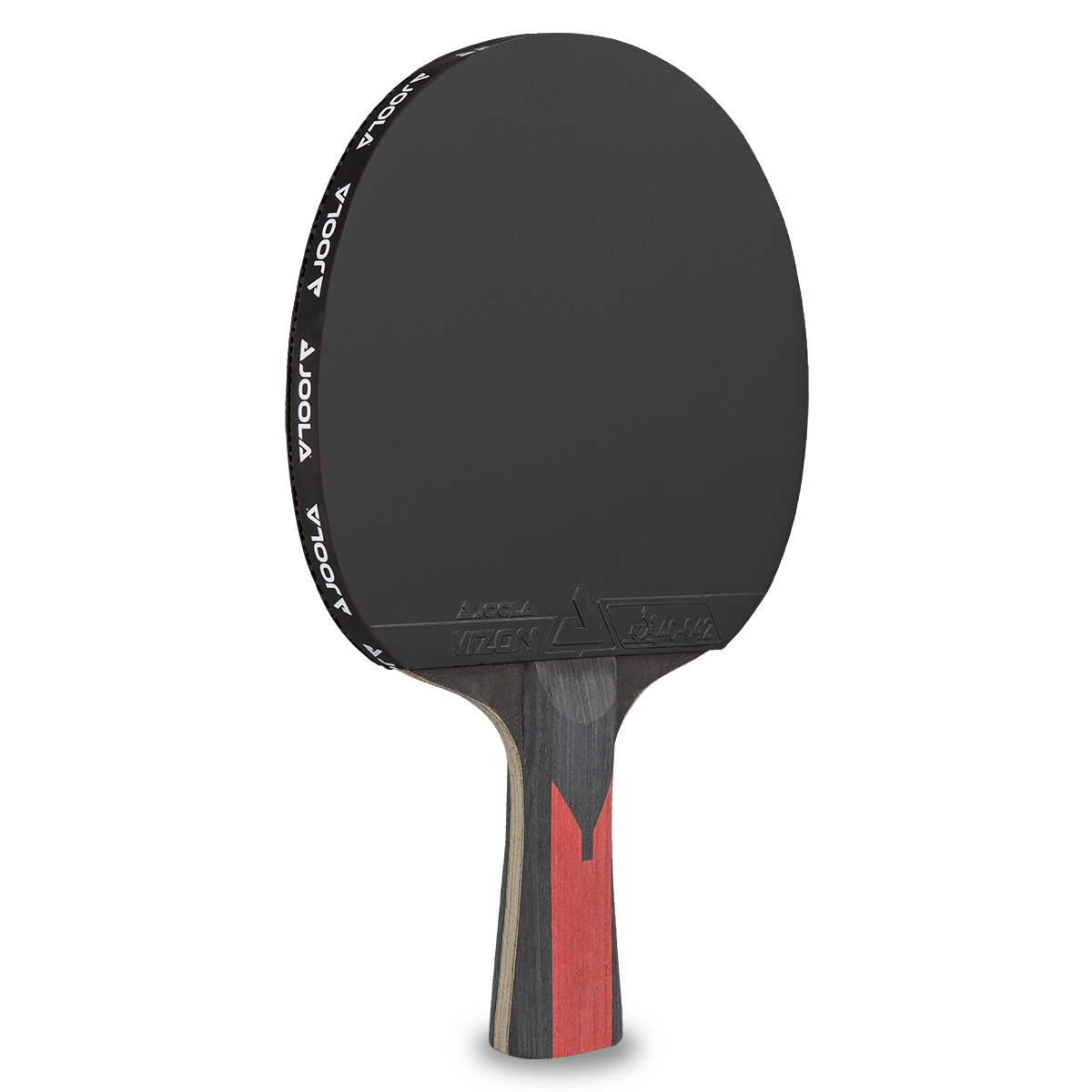 Black table tennis bat with wooden handle and red accent, brand name on the side.