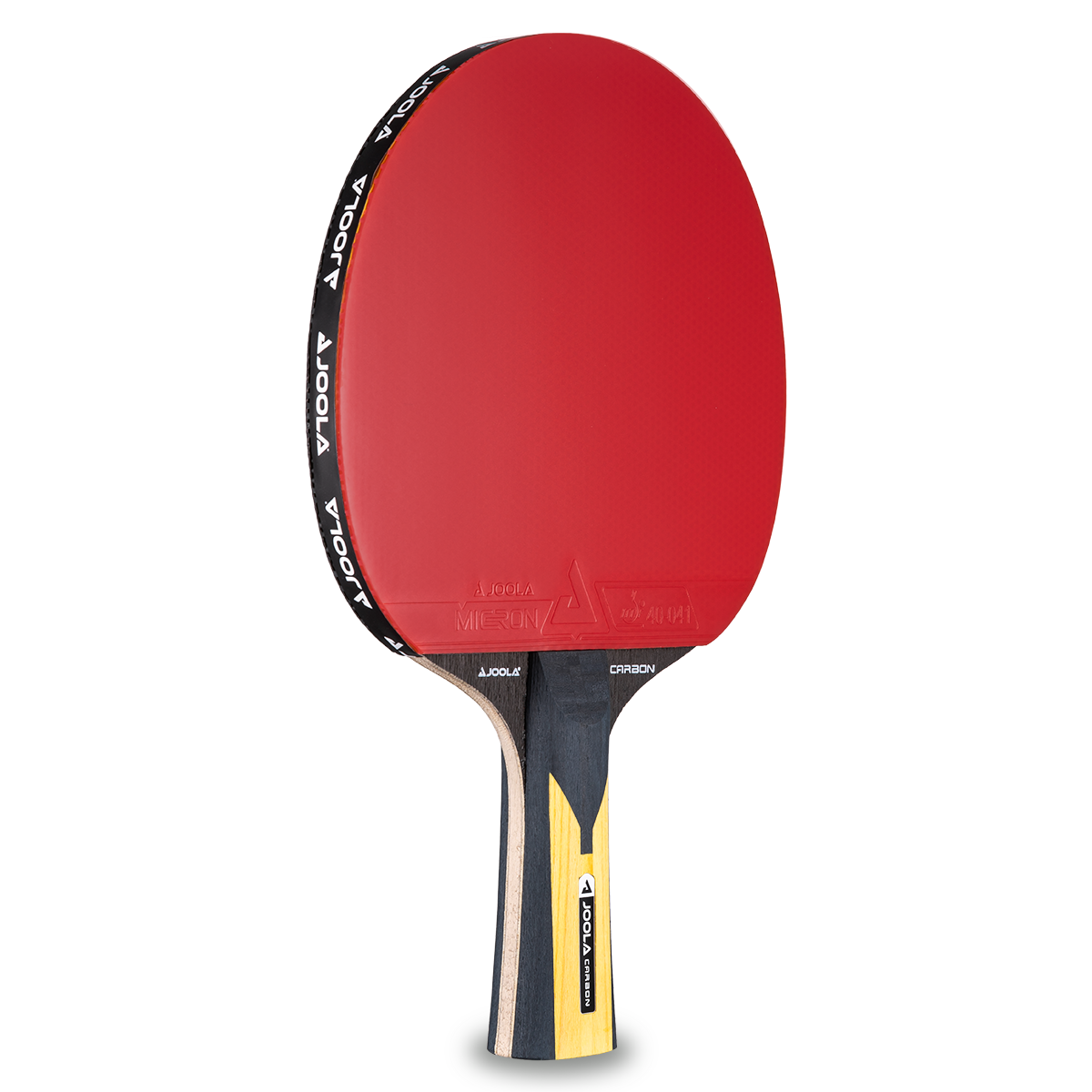 Table tennis bat with red rubber and black-yellow wooden handle, brand JOOLA Carbon.