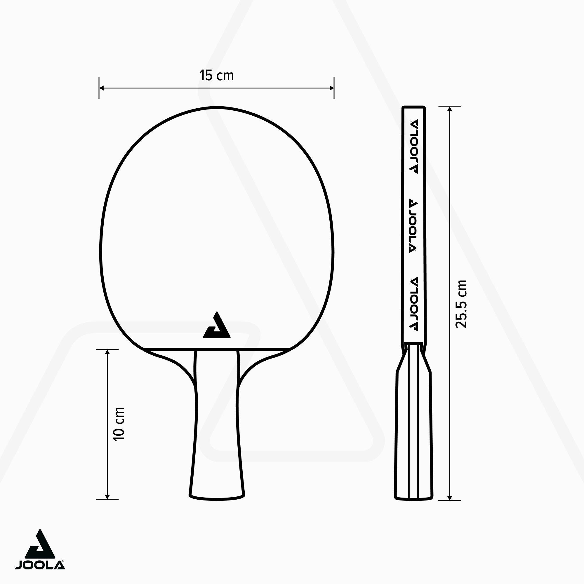 Sketch of a table tennis bat with dimensions 15 cm width, 10 cm handle height, and 25.5 cm total length, brand JOOLA.