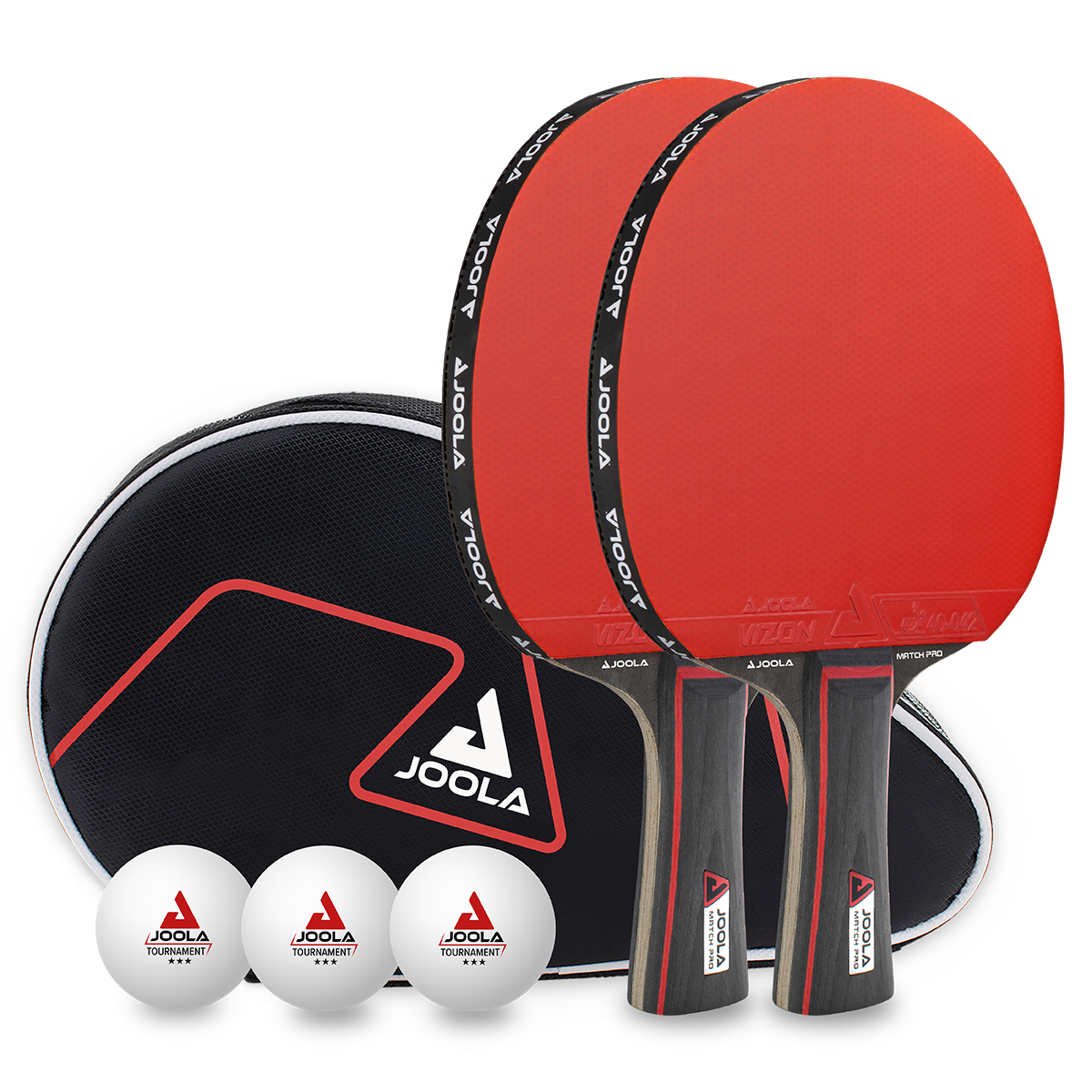 Two red JOOLA table tennis bats, three white balls, and black JOOLA carrying case.