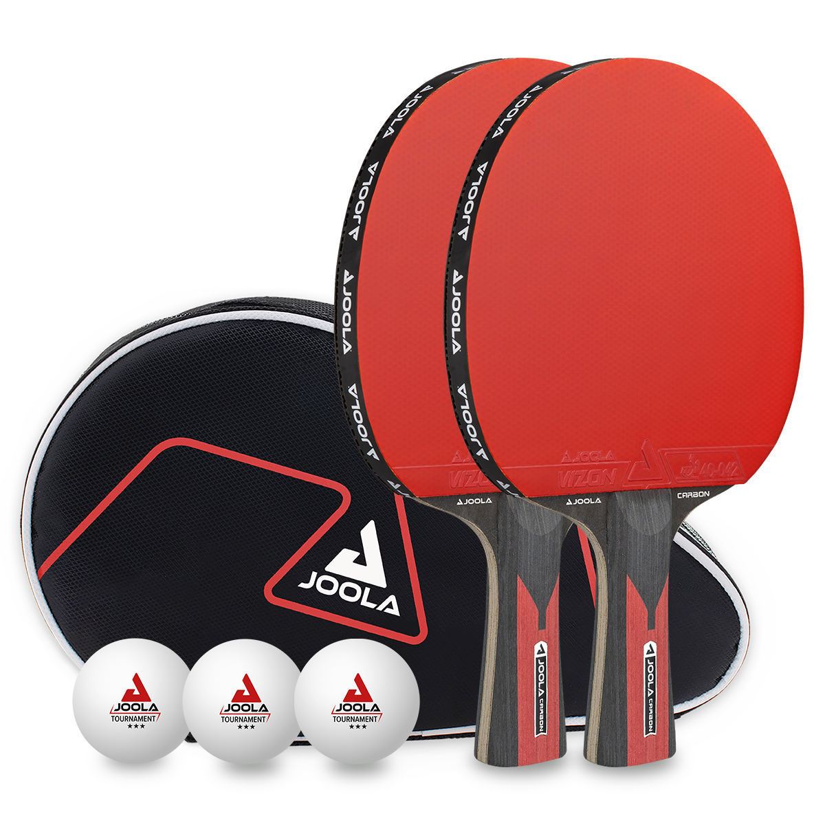 Two JOOLA table tennis bats with red rubbers, three white JOOLA table tennis balls, and black JOOLA case.