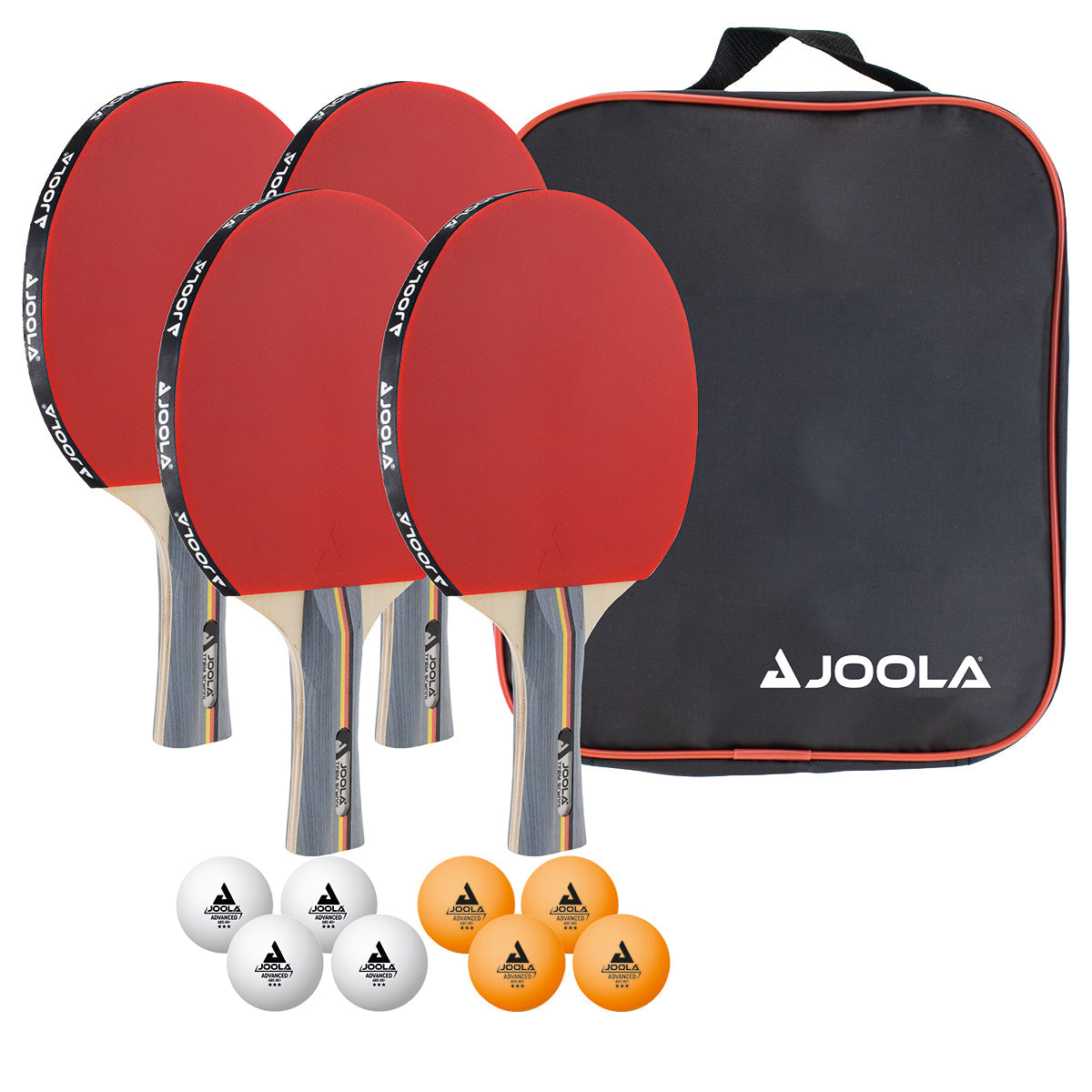 Four red table tennis bats, eight table tennis balls (four white, four orange) and a black JOOLA bag.