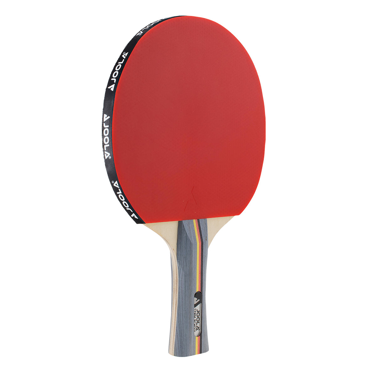 Table tennis bat with red rubber and multicoloured wooden handle, brand JOOLA.