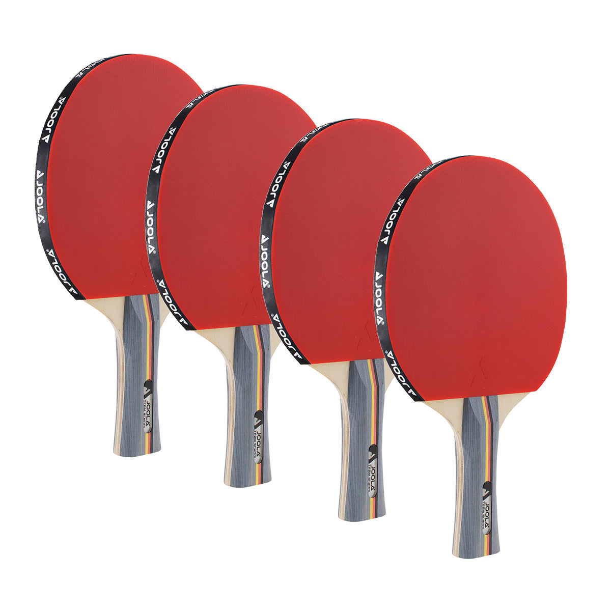 Four red JOOLA table tennis bats with grey handles, arranged side by side.