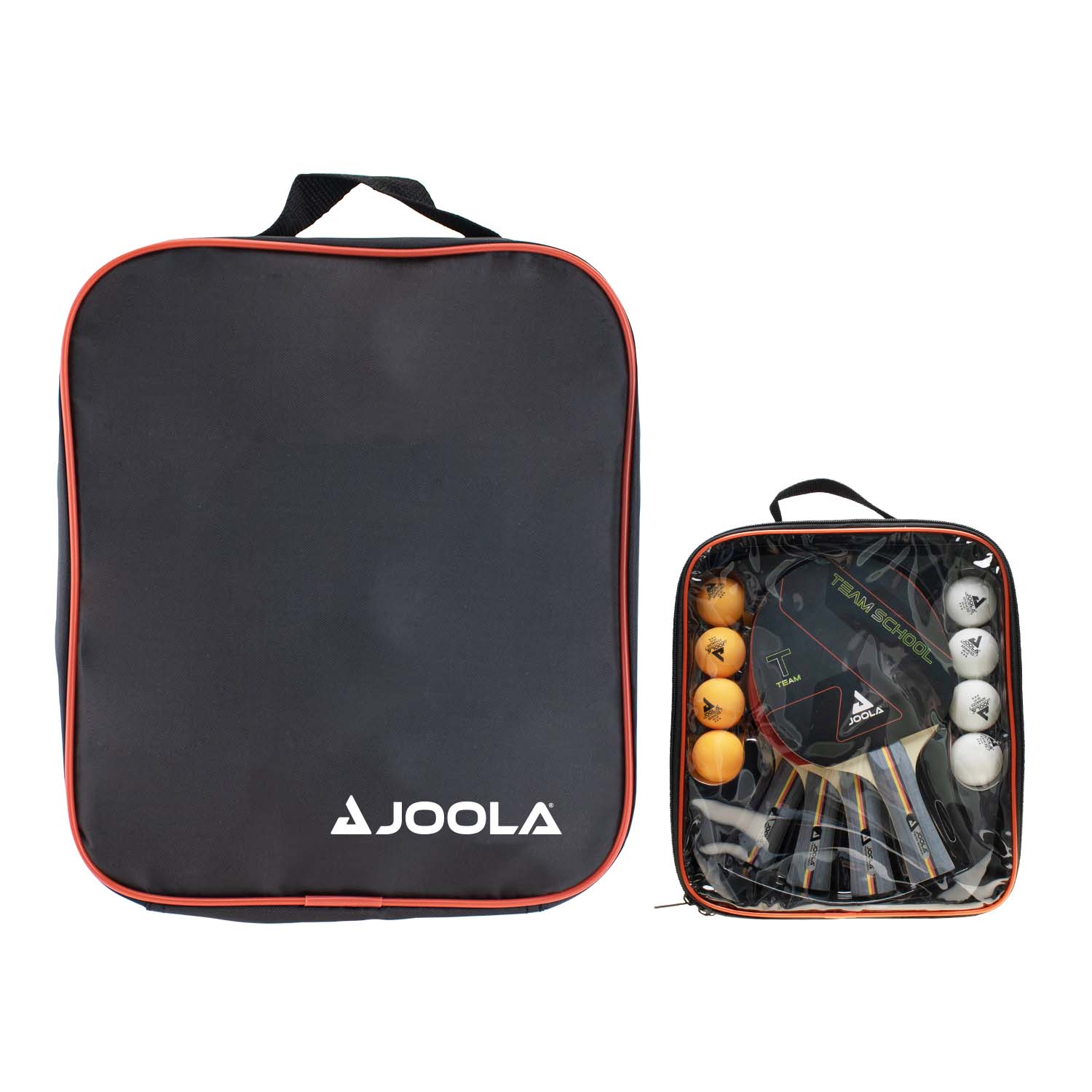Black JOOLA bag with table tennis bats and balls, viewing window.