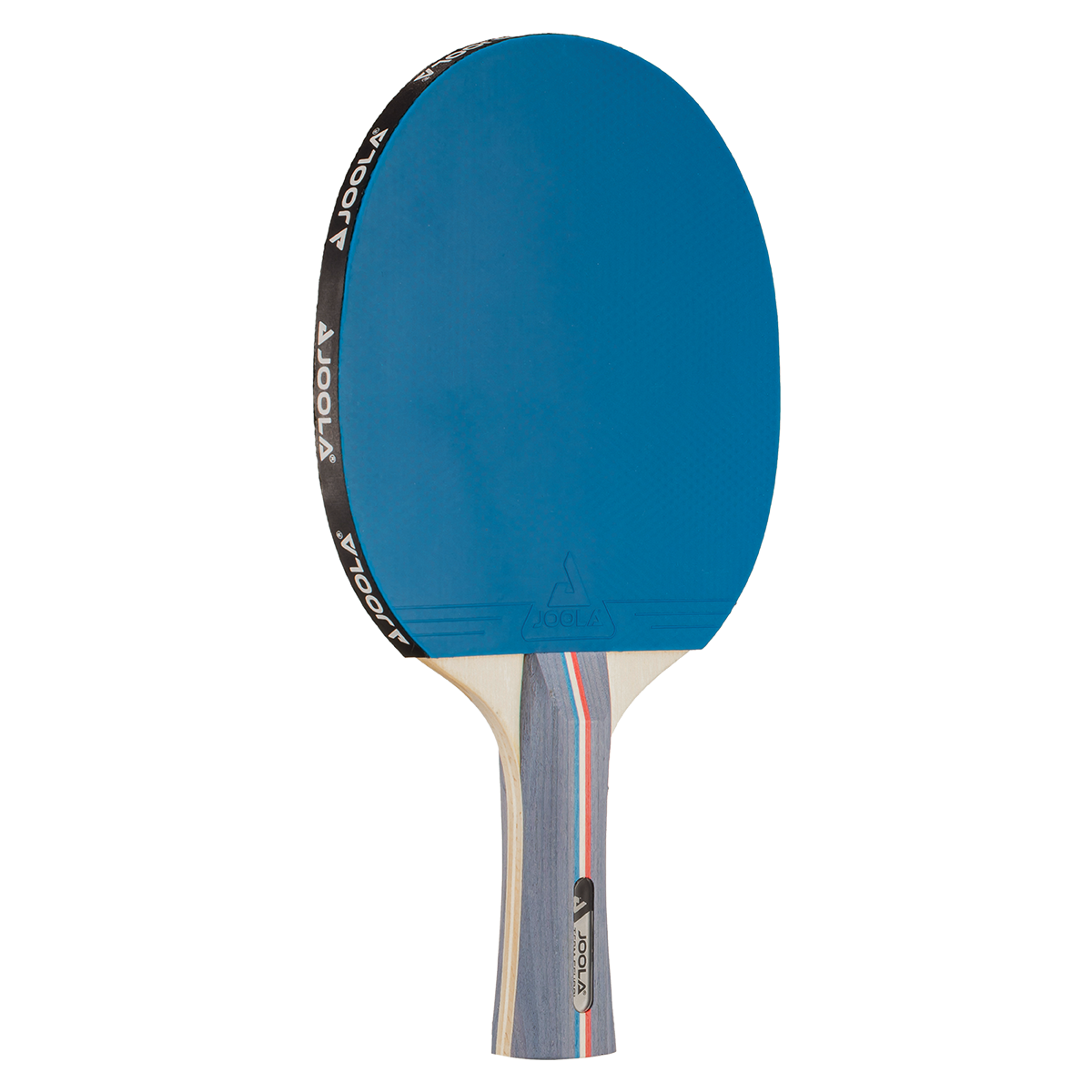 Table tennis bat with blue rubber and wooden handle, brand JOOLA.