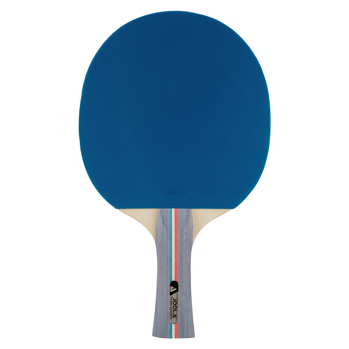 Table tennis bat with blue rubber and multicoloured wooden handle.