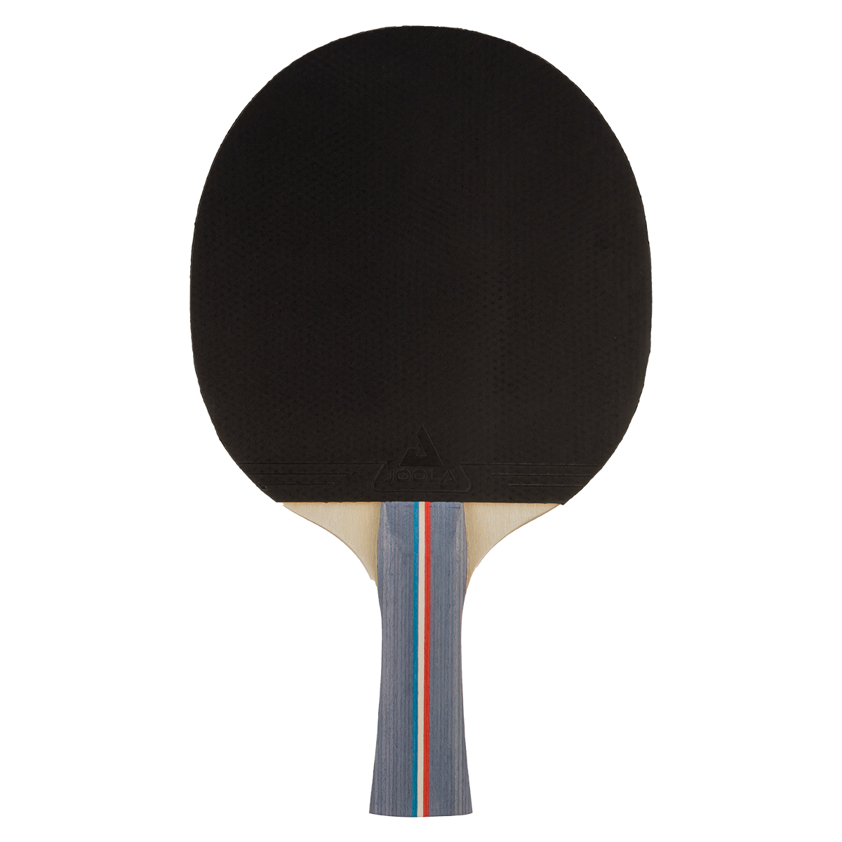 Table tennis bat with black rubber and multicoloured wooden handle.