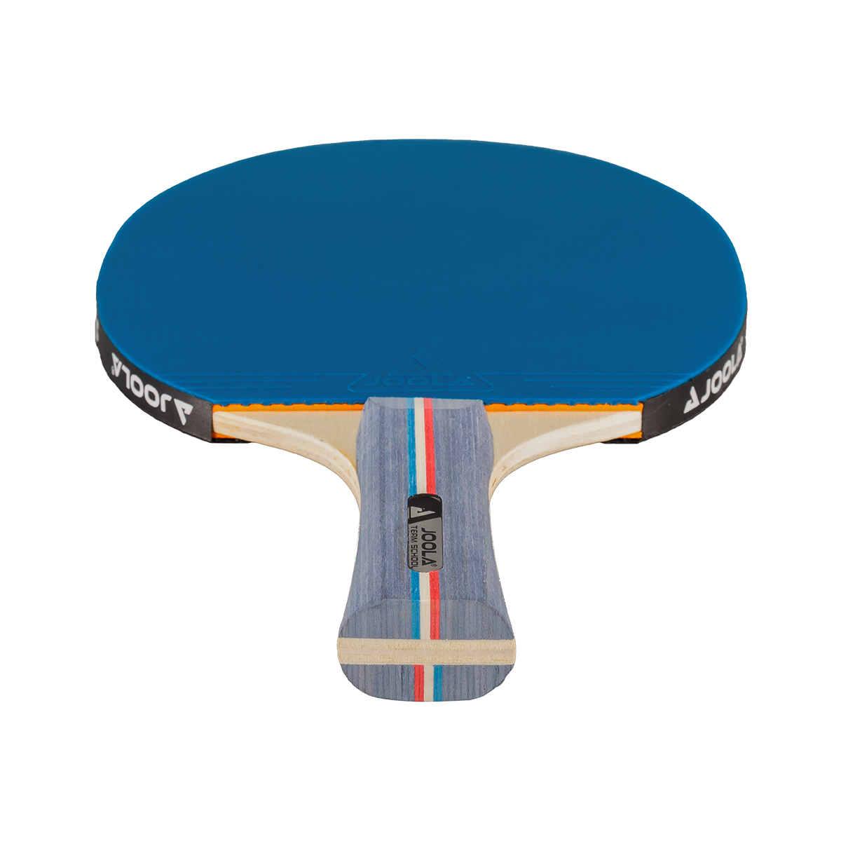 Table tennis bat with blue rubber and wooden handle with blue and red stripes.