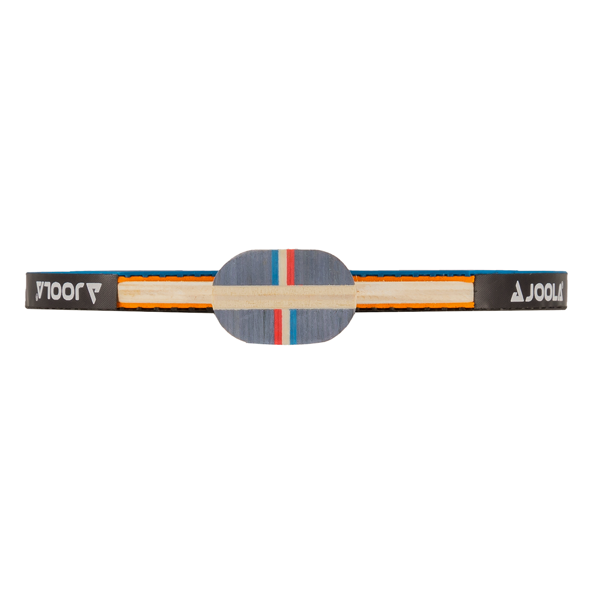 Table tennis bat from above, with blue and orange rubber and JOOLA logo on the handle.