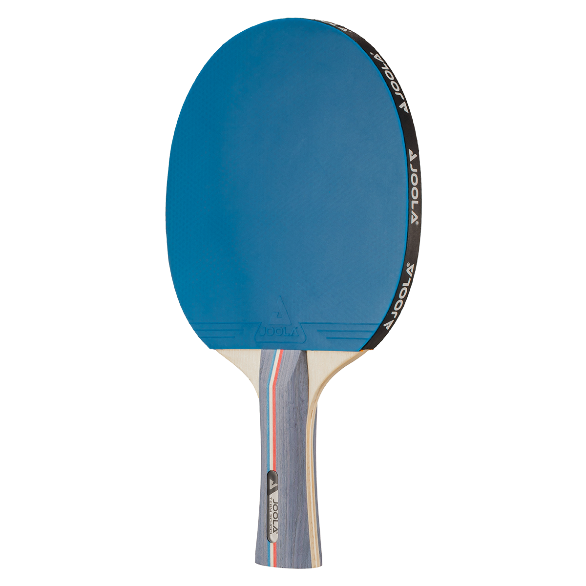 Table tennis bat with blue rubber and wooden handle, brand JOOLA.