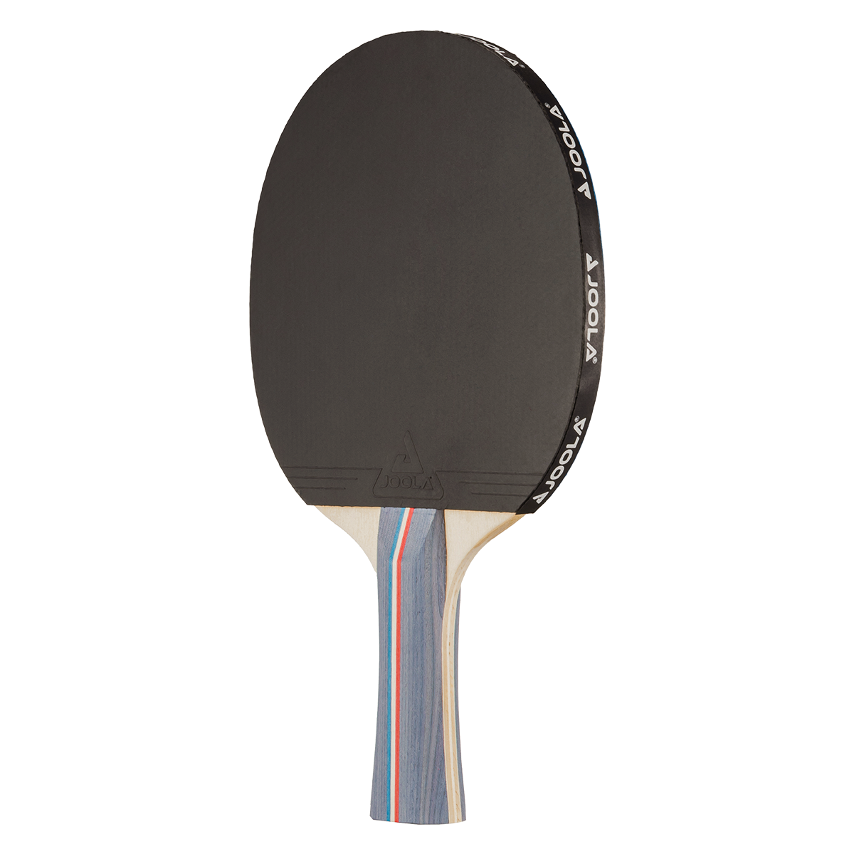 Table tennis bat with black rubber and blue-red-white striped handle.