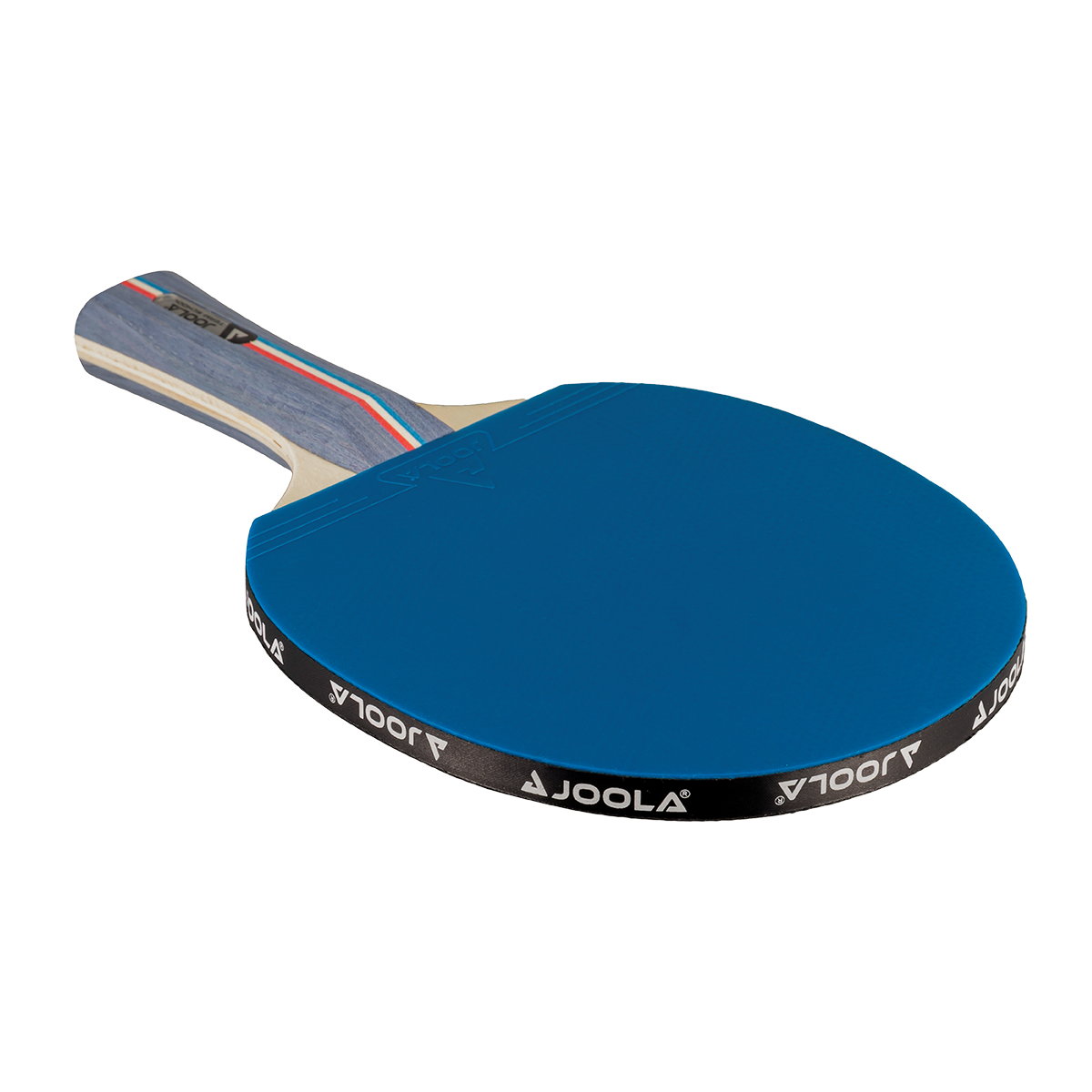 Table tennis bat with blue rubber and wooden handle, brand JOOLA.