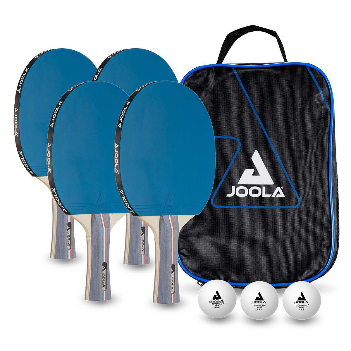 Four blue JOOLA table tennis bats, three white JOOLA table tennis balls, and one black JOOLA bag.
