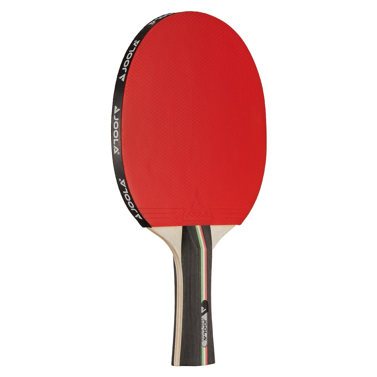 Table tennis bat with red rubber and wooden handle, brand JOOLA.