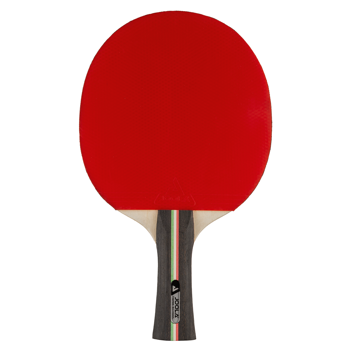 Table tennis bat with red rubber and wooden handle.