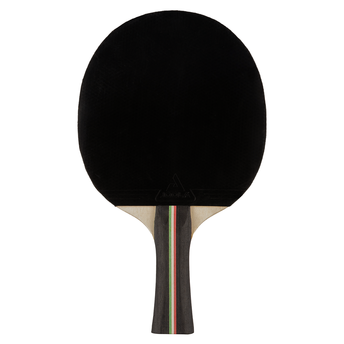 Table tennis bat with black rubber and multicoloured striped handle.