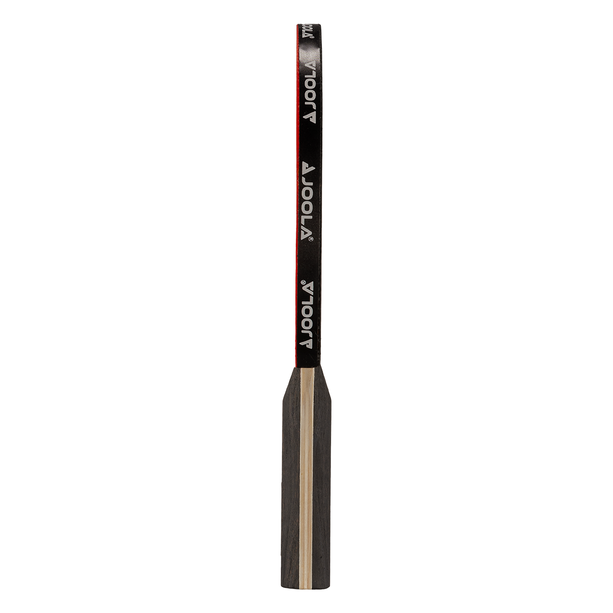 Table tennis bat by JOOLA, black handle with wood stripes, red and black rubber.
