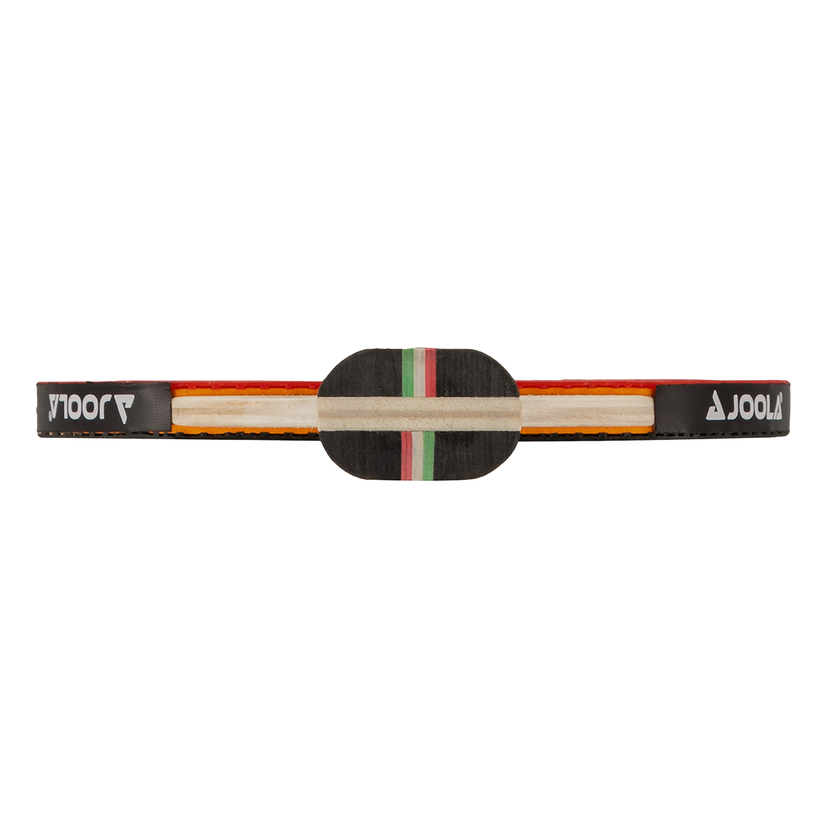 Table tennis bat from above with black handle and red rubber, brand logo "JOOLA" visible.