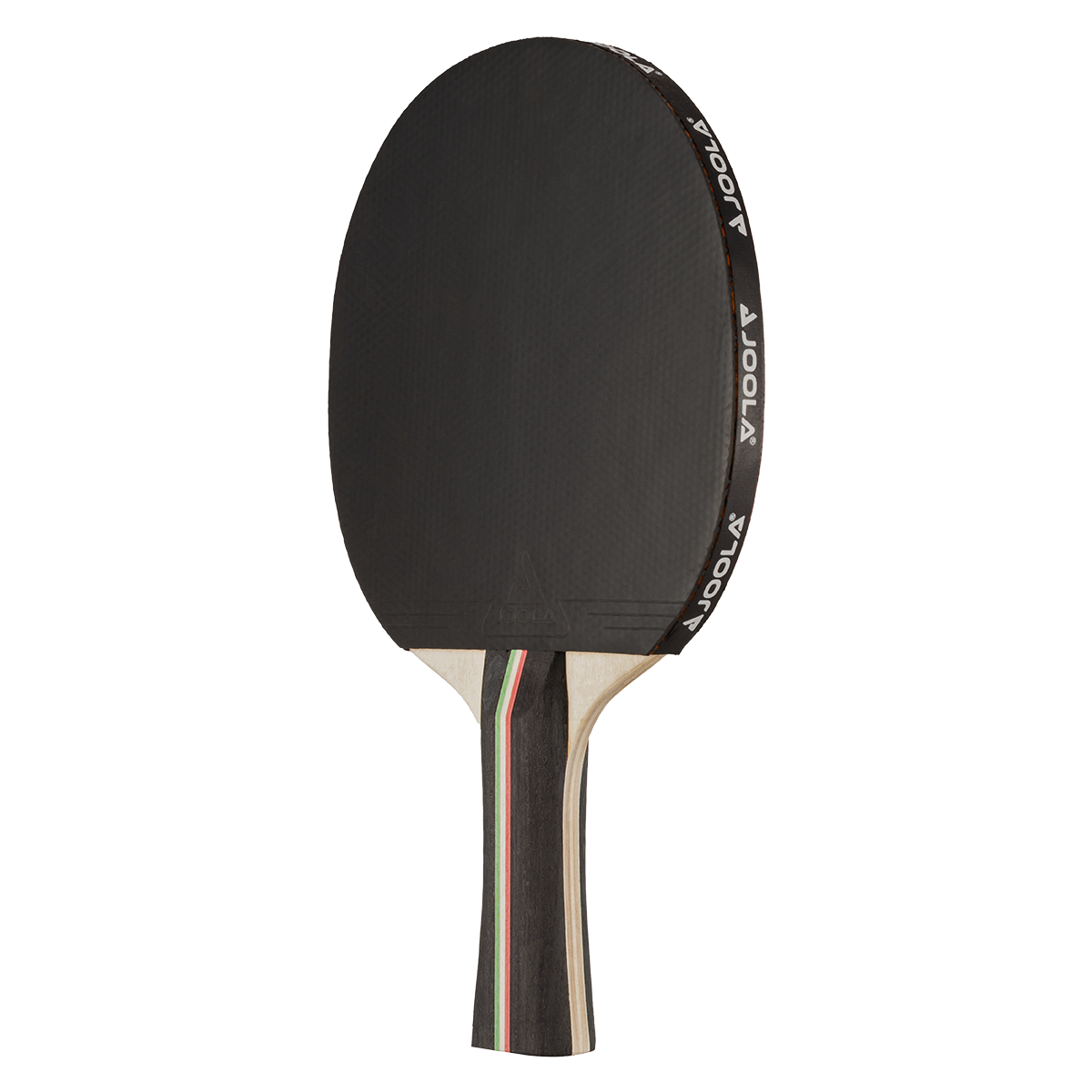 Table tennis bat with black rubber-blade and wooden handle with coloured stripes.