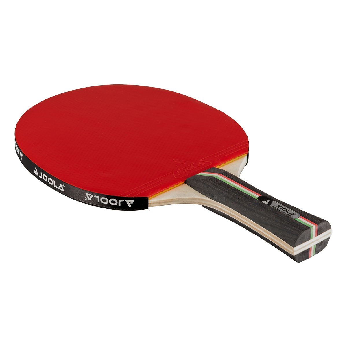 Table tennis bat with red hitting surface and wooden handle with black, white, and green stripe.